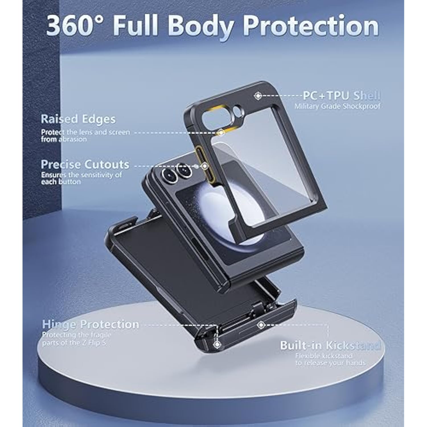 For Samsung Galaxy Z-Flip-5 Case: Rugged Shockproof Samsung Flip 5 Case With Kickstand & Hinge Protection, Slim Full Body Drop Protective Hard Phone Cover For Samsung Z Flip 5 5G(2023) Black