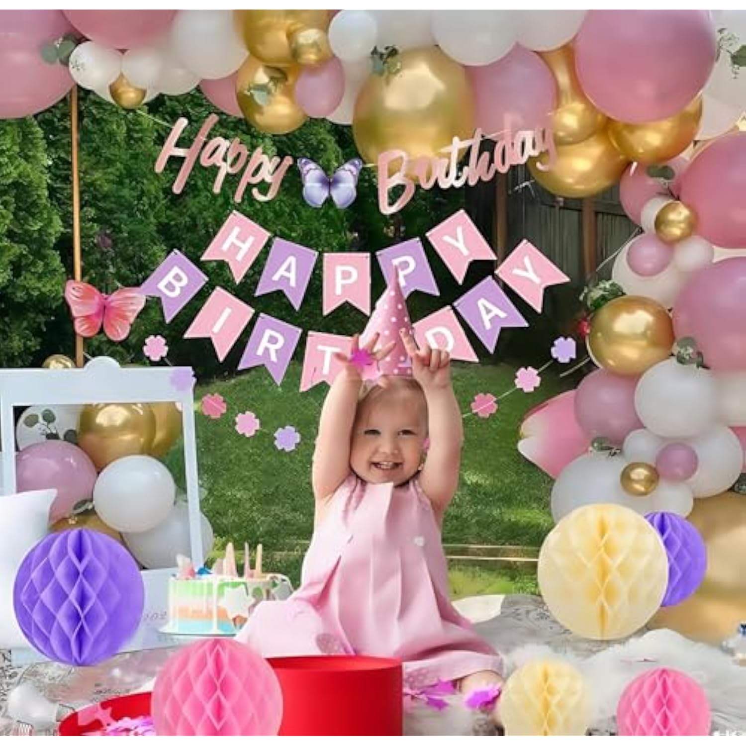 Pre-Strung Happy Birthday Banner Purple Pink Birthday Decoration For Women Girl Butterfly Birthday Party Decoration Banner Garland No Diy Happy Birthday Sign