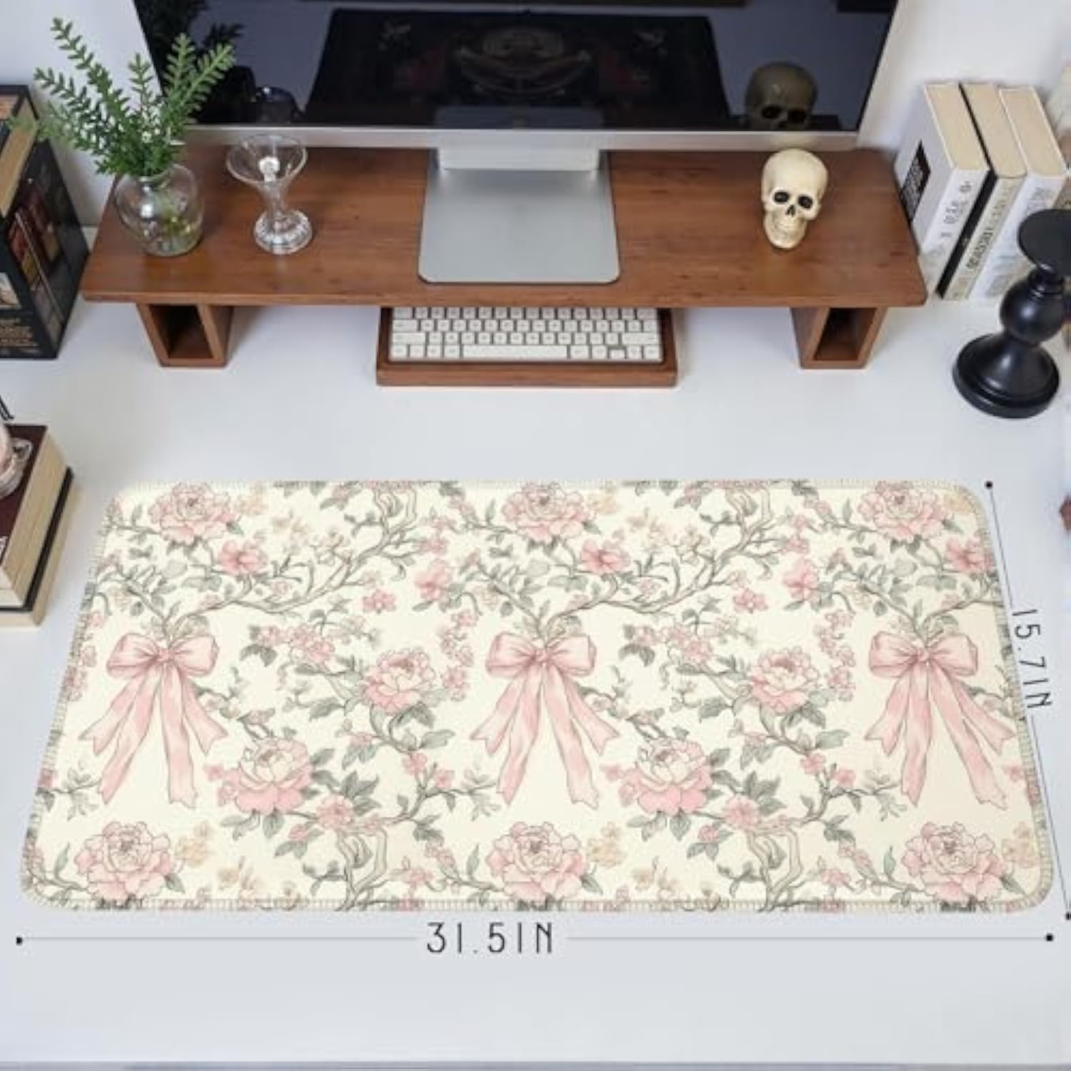 Floral Desk Mat Vintage Chinoiserie Large Mouse Pad Coquette Aesthetic Office Decor Flower Pink Bow Gaming Pad Cottagecore Desk Decor 31.5X15.7 In