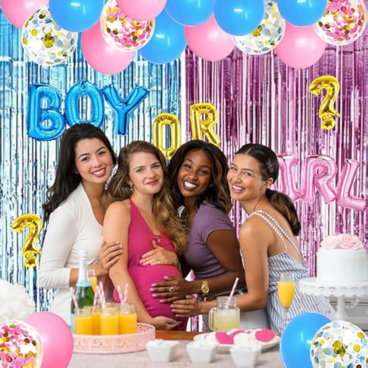 Gender Reveal Kit Pink Blue Balloons Foil Balloons Tinsel Curtain Backdrop