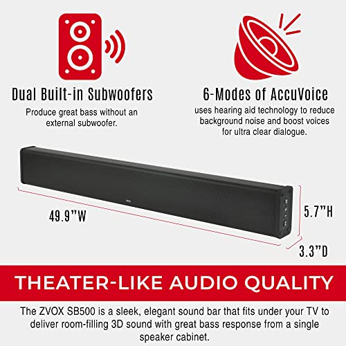 SB500 Soundbar for TV, Home Speaker Bar Works with 50" to 90" TVs, Soundbar with Subwoofer Built-in, 6 Modes AccuVoice Dialogue Boost, Multi-Zone