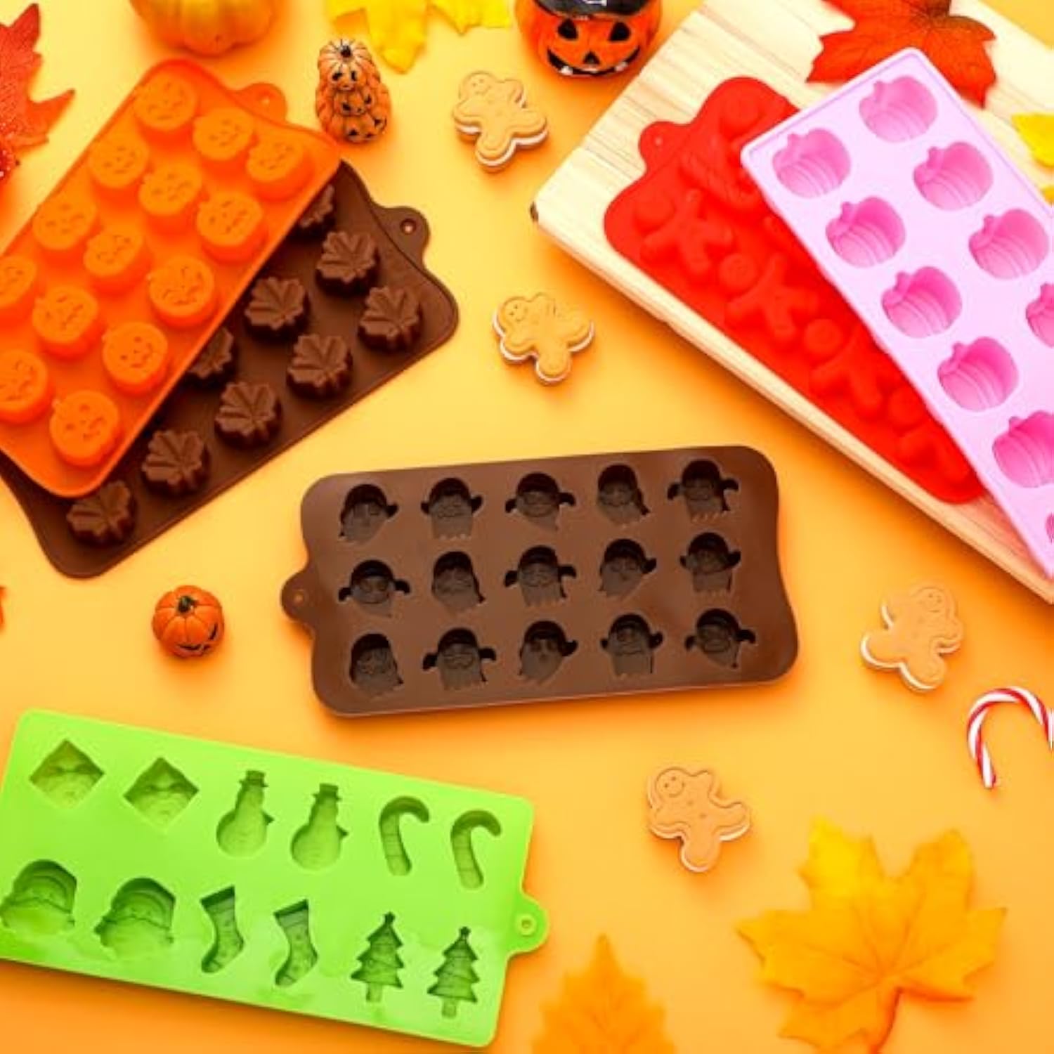 6 Pcs Seasonal Silicone Chocolate Molds Fall Halloween Christmas Pumpkin Ghost Maple Leaves Candy Chocolate Mold Silicone Molds For Candy Jelly Wax Melt Ice Cubes Cake Decorations