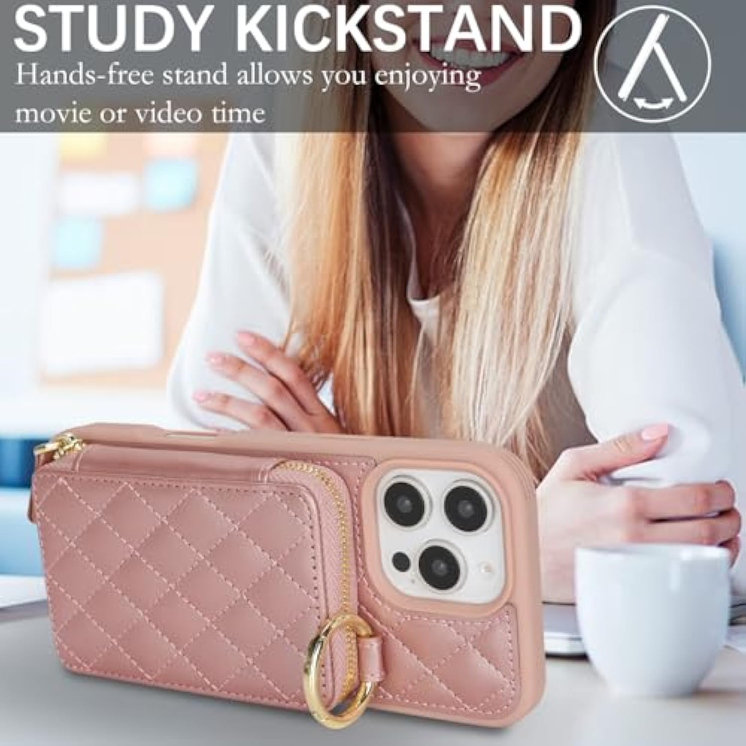 Crossbody Wallet Case For Iphone 16 Pro Max, Pu Leather Zipper Handbag Purse Flip Cover, Kickstand Folio Case With Card Slots Holder Wrist Strap Lanyard 5G 6.9 Inch-Rose Gold