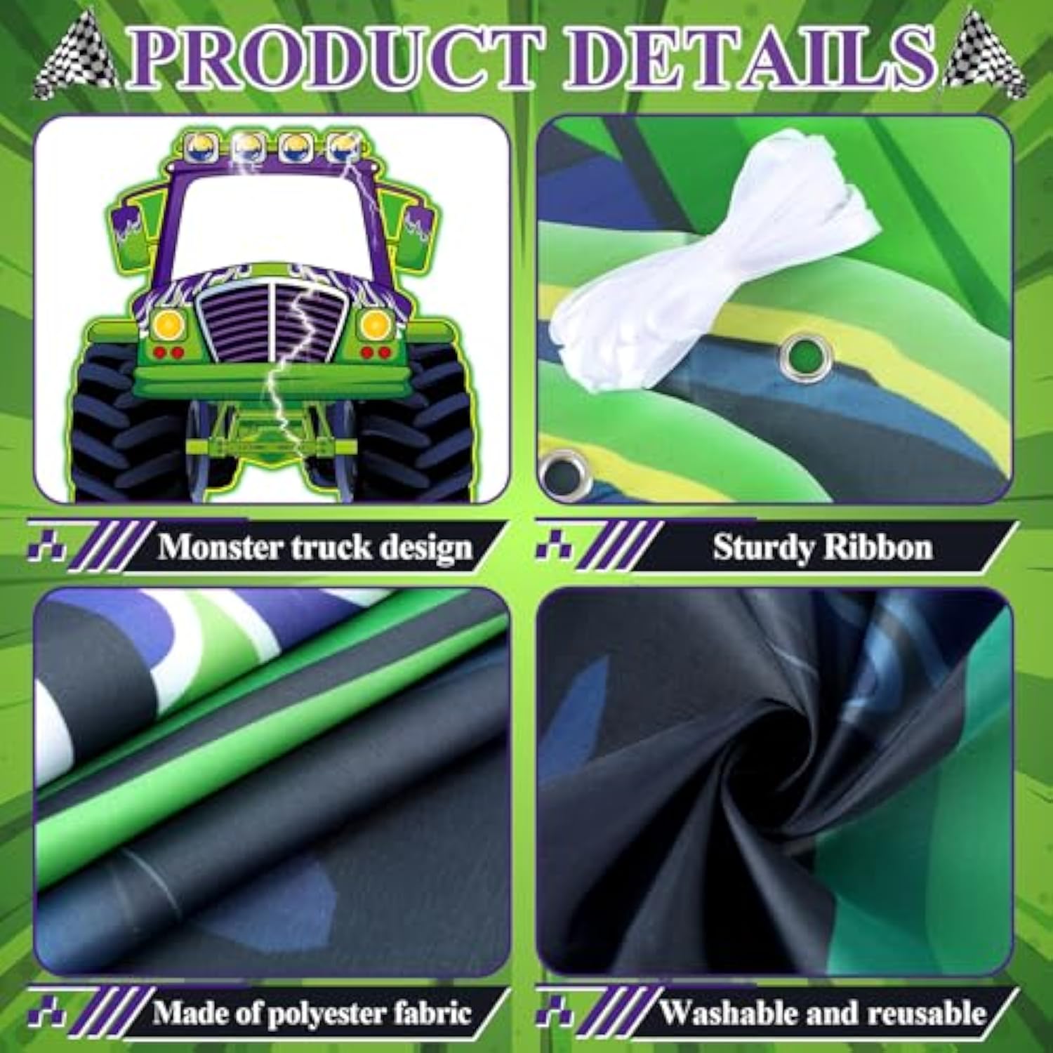 Monster Truck Photo Booth Props For Green And Purple Truck Party Supplies Large Monster Photo Background Party Games Banner For Boys Baby Shower Happy Birthday Theme Celebration Decoration 70 * 67In