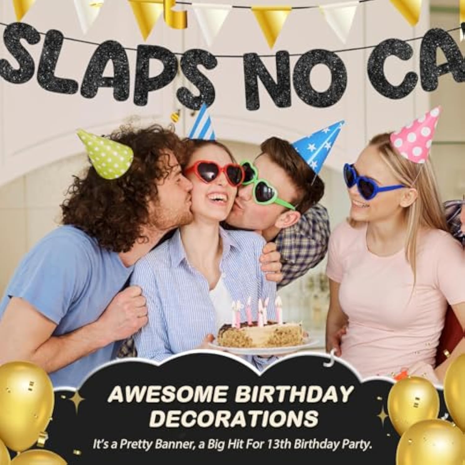 Pre-Strung 13 Slaps No Cap Banner Glitter 13th Birthday Sign for Teen Party Decor