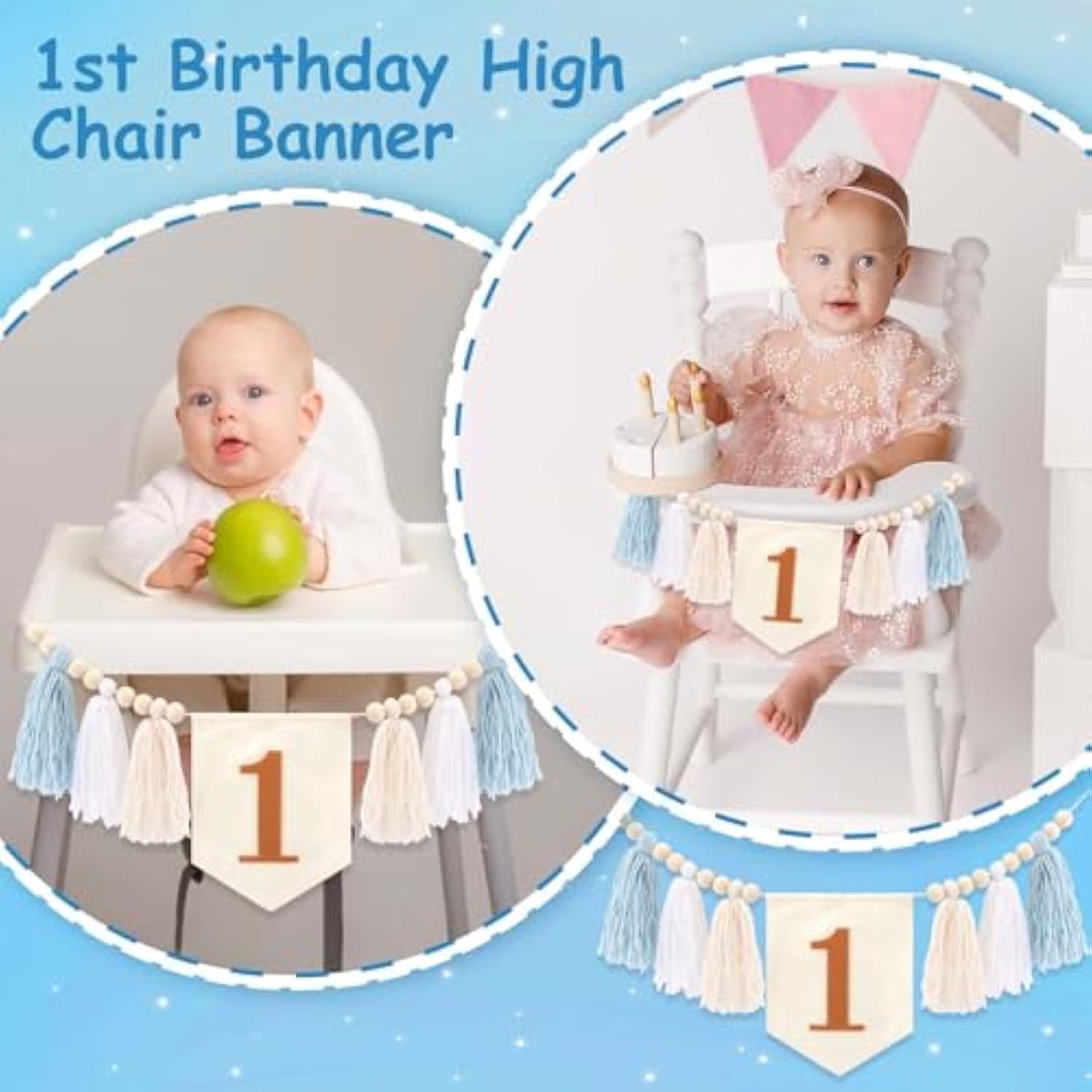 One High Chair Banner For First Birthday Decoration Boys, Blue Tassel Banner For 1St Birthday Photo Backdrop Decor