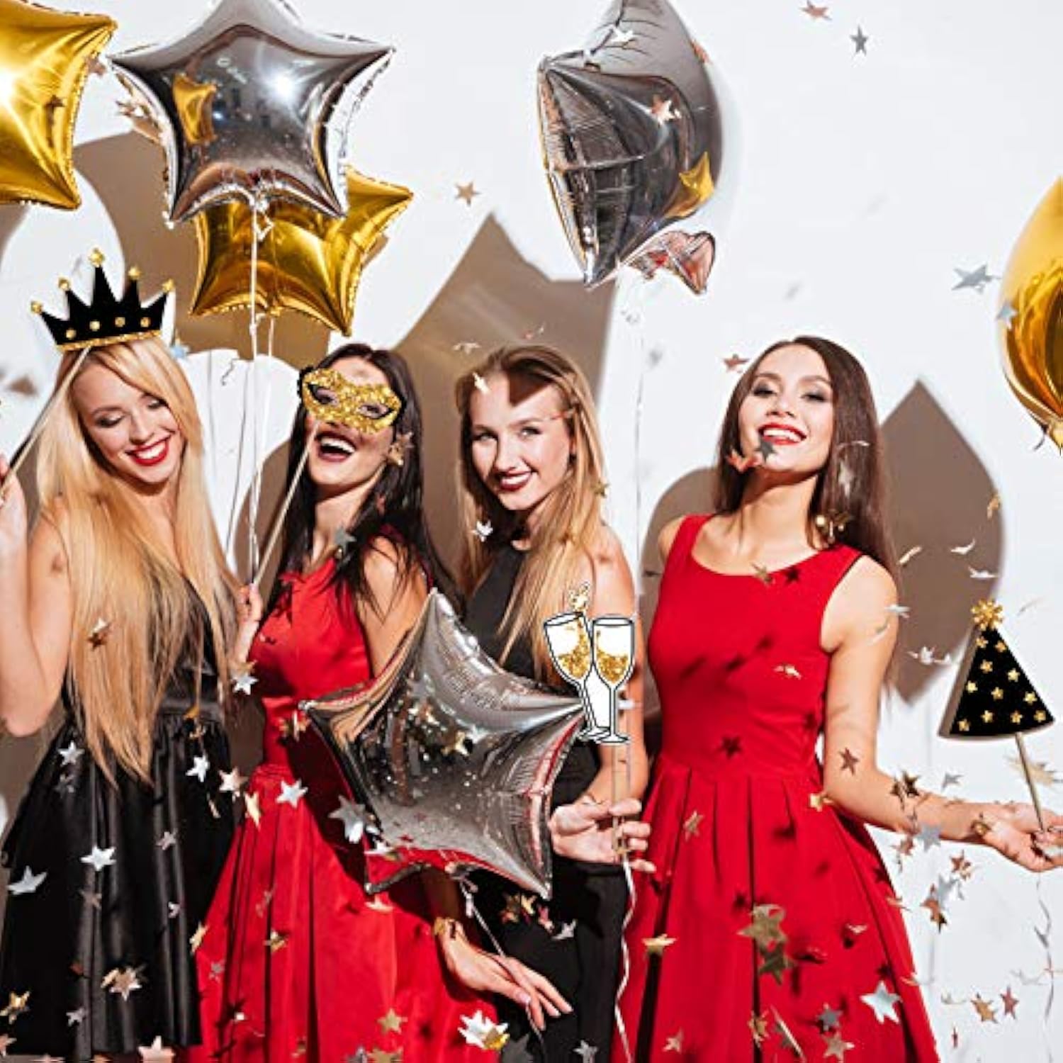 24 Pieces Funny Photo Booth Props For Birthday Weddings Graduation Party Supplies Prom Disco Mardi Gras Party Supplies Mix Of Hats, Lipstick, Tie, Crowns(Golden)