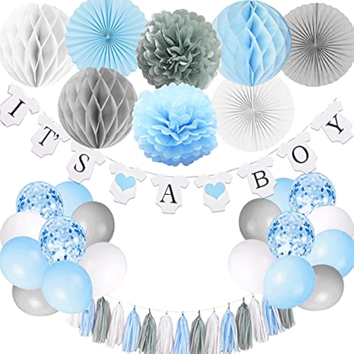 Baby Shower Decorations For Boy, It’S A Boy Banner With Paper Fan Tissue Pompoms Honeycomb Ball Party Balloons Foil Tassel, Blue And Grey It’S A Boy Baby Shower Decorations