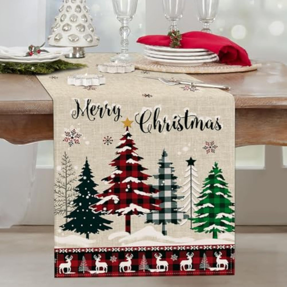 Buffalo Plaid Merry Christmas Trees Table Runner 13X72 Inch Snowflake Deer Seasonal Winter Holiday Kitchen Dining Table Decoration For Indoor Outdoor Home Party Decor
