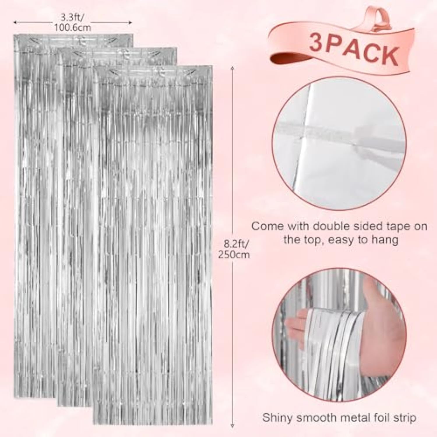 3 Pack Silver Foil Fringe Backdrop 3.3x8.2ft Party Tinsel Curtains