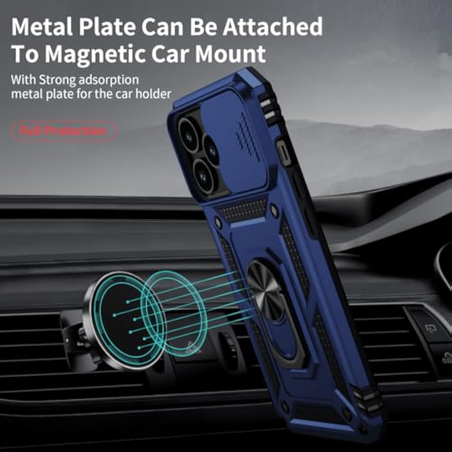 Navy Blue iPhone 14 Pro Max Case with Slide Lens Cover HD Screen Protector, Military Grade Drop Protection, Magnetic Rotated Ring Holder Kickstand Protective Phone Case