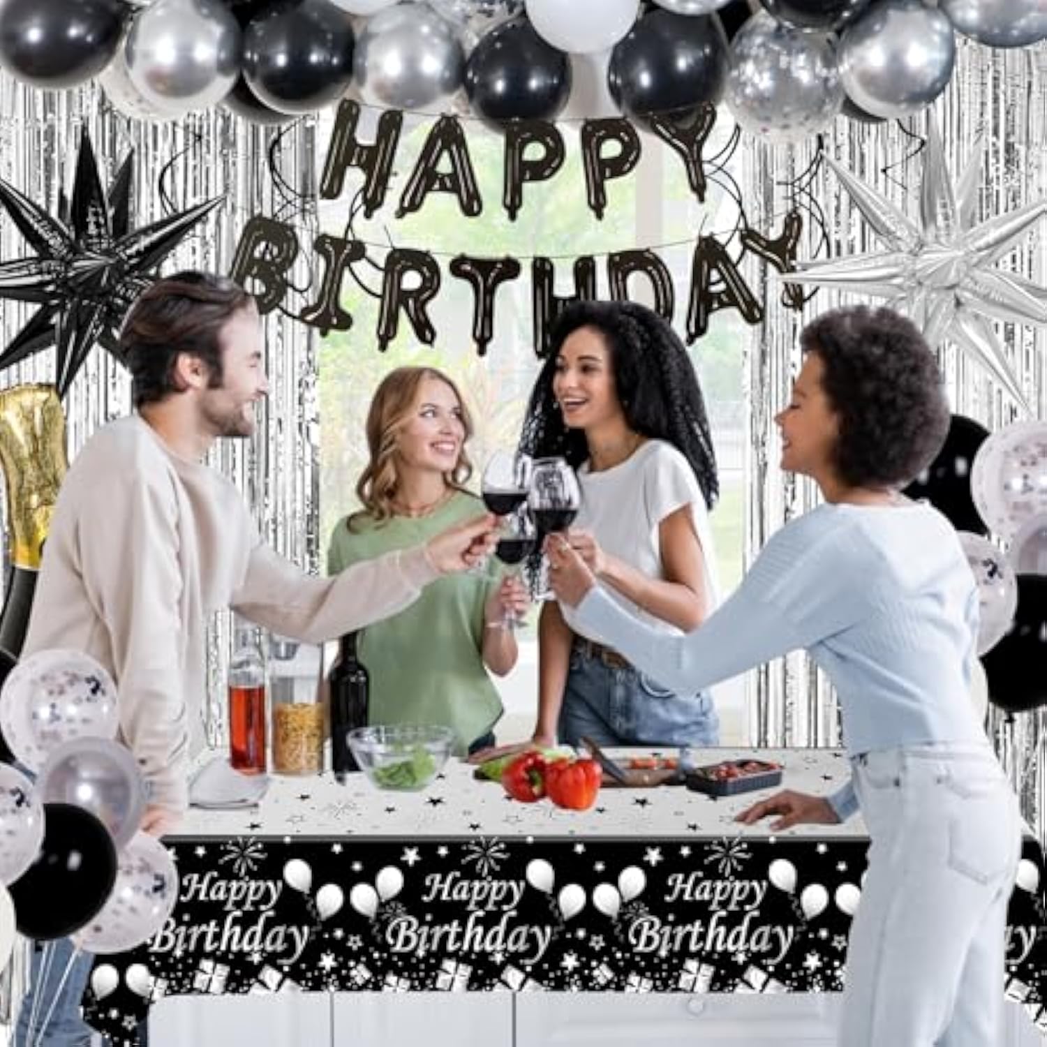 Black Silver Birthday Party Decorations For Men Women, Party Decorations Kit With Black Happy Birthday Banner, Star Balloon, Silver Fringe Curtain, Hanging Swirls For Diy Theme Bday Party