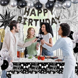 Black Silver Birthday Party Decorations For Men Women, Party Decorations Kit With Black Happy Birthday Banner, Star Balloon, Silver Fringe Curtain, Hanging Swirls For Diy Theme Bday Party