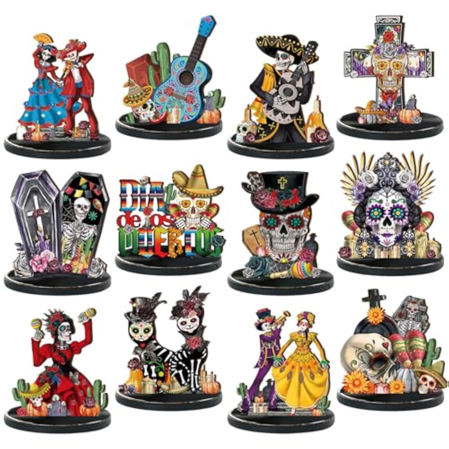 12 Pcs Day Of The Dead Table Decorations Wooden Mexican Dia De Los Muertos Altar Centerpiece Halloween Sugar Skull Table Topper Decor Skeleton For Mexican Fiesta Tiered Tray Decor Party Favor