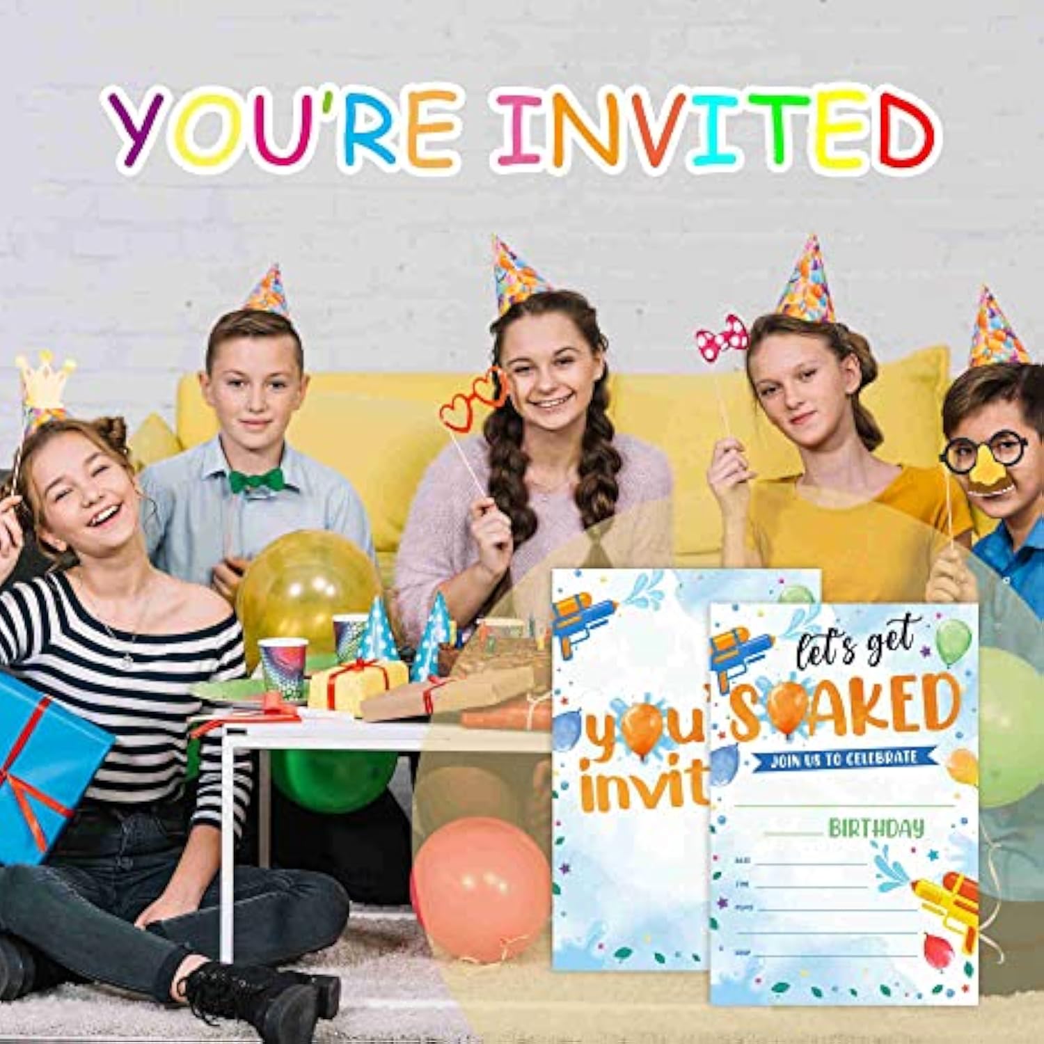 Let'S Get Soaked 20-Pack Water Gun Birthday Invitations (4X6 Inch) Fill-In Birthday Invitations With Envelopes- Summer Party Cards, Summer Pool Party Supplies-A037
