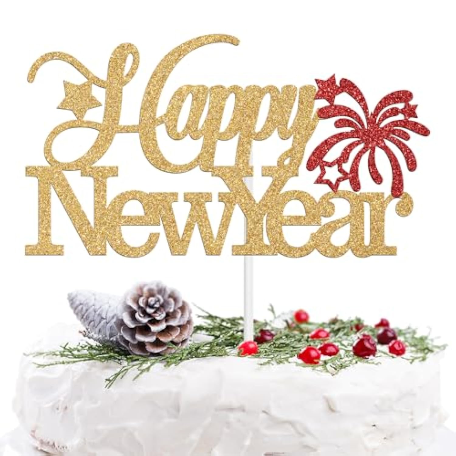 Happy New Year Cake Topper 2026 with Red Blue Glitter for Holiday Party Decor