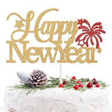 Happy New Year Cake Topper 2026 with Red Blue Glitter for Holiday Party Decor