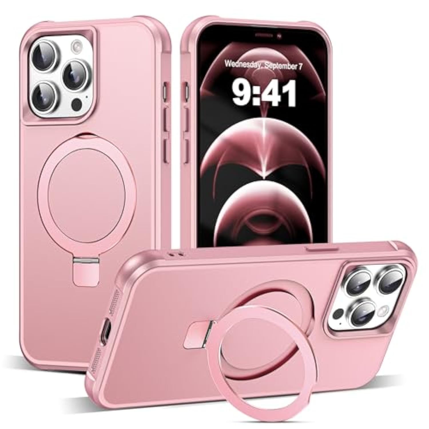 Compatible With Iphone 12 Pro Max Case & Iphone 13 Pro Max Case 6.7" With Magnetic O-Ring Stand [Compatible With Mag-Safe][Great Grip Feeling], Rose Gold