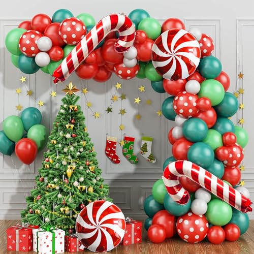 Christmas Balloon Garland Arch, Xmas Balloon Garland Arch Kit with Red Candy Foil Balloons, Teal Blue Green Red Polka Dots Balloons Decorations for Christmas New Year Party