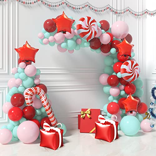 Christmas Balloons Arch Kit - Christmas Balloons Red and Mint with Candy Cane Mylar Balloons with Candy Cane for Xmas Decorations