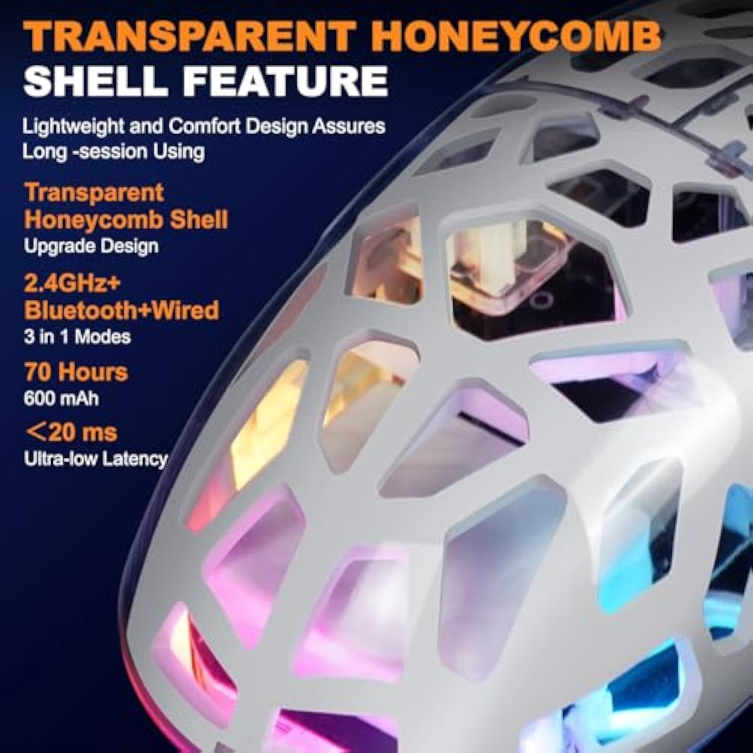 Km2 Gaming Mouse, Wireless Mouse For Laptop With Transparent Honeycomb Shell, Trimode 2.4G/Typec/Bt 5.2, 11 Rgb Lights, 60Hrs Ergonomic Programmable Computer Gamer Mice For Windows Pc Mac