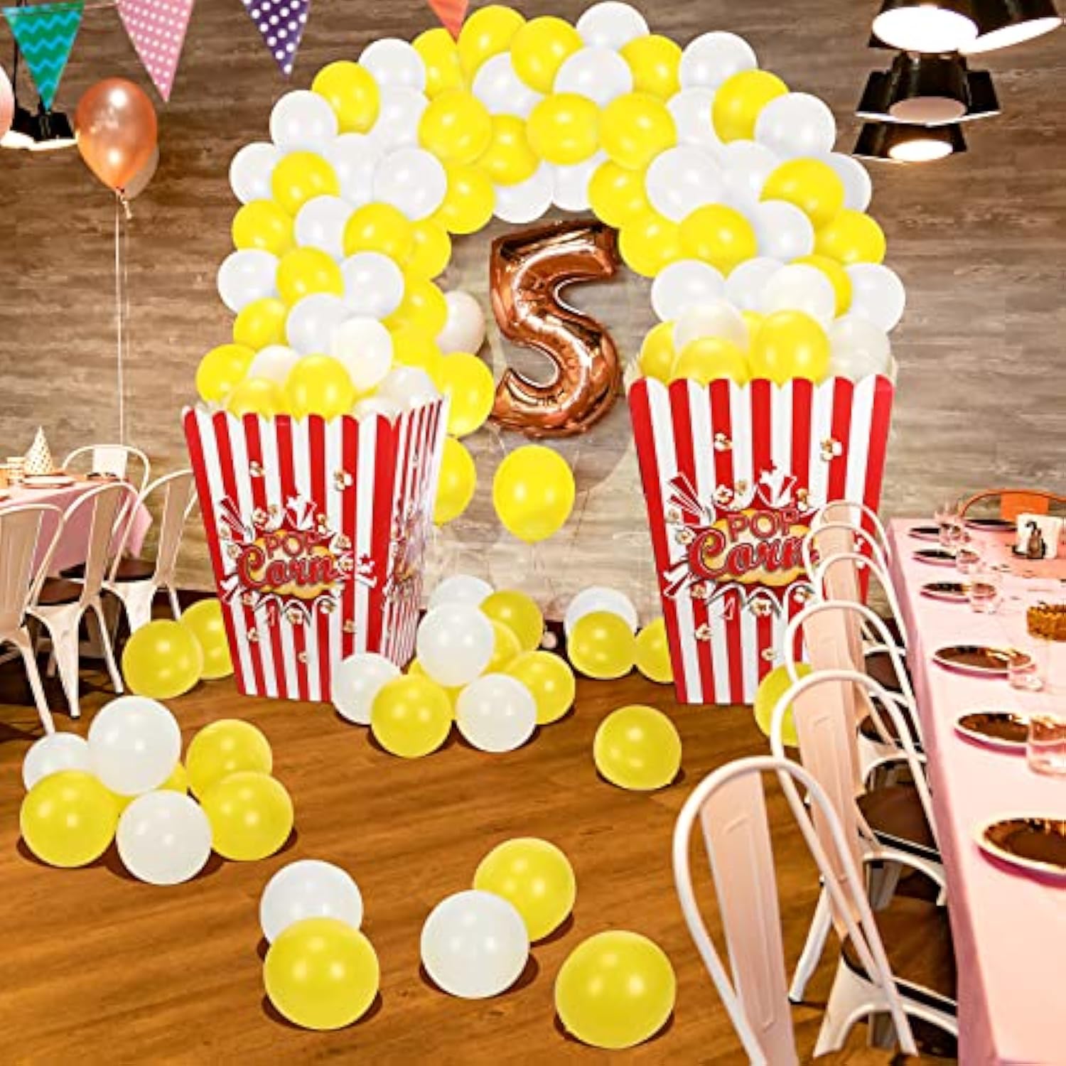Giant Popcorn Box Cardboard Stand Up With Balloons Movie 3D Popcorn Box Cardboard Stand Up And Yellow White Balloons Carnival Decorations For Movie Night Themed Party(2 Pack)