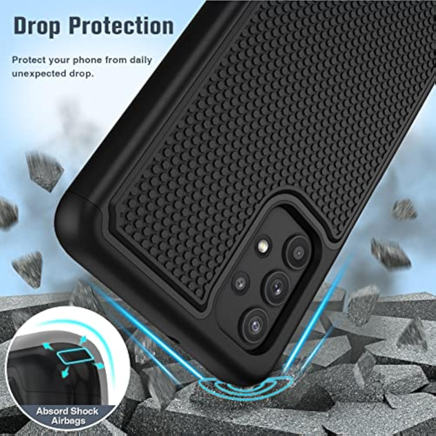 For Galaxy A32-5G Phone Case: Samsung Galaxy A32 5G Dual Layer Protective Heavy Duty Cover Shockproof Rugged With Non Slip Textured Back - Military Protection Bumper Tough 6.5Inch (Black)