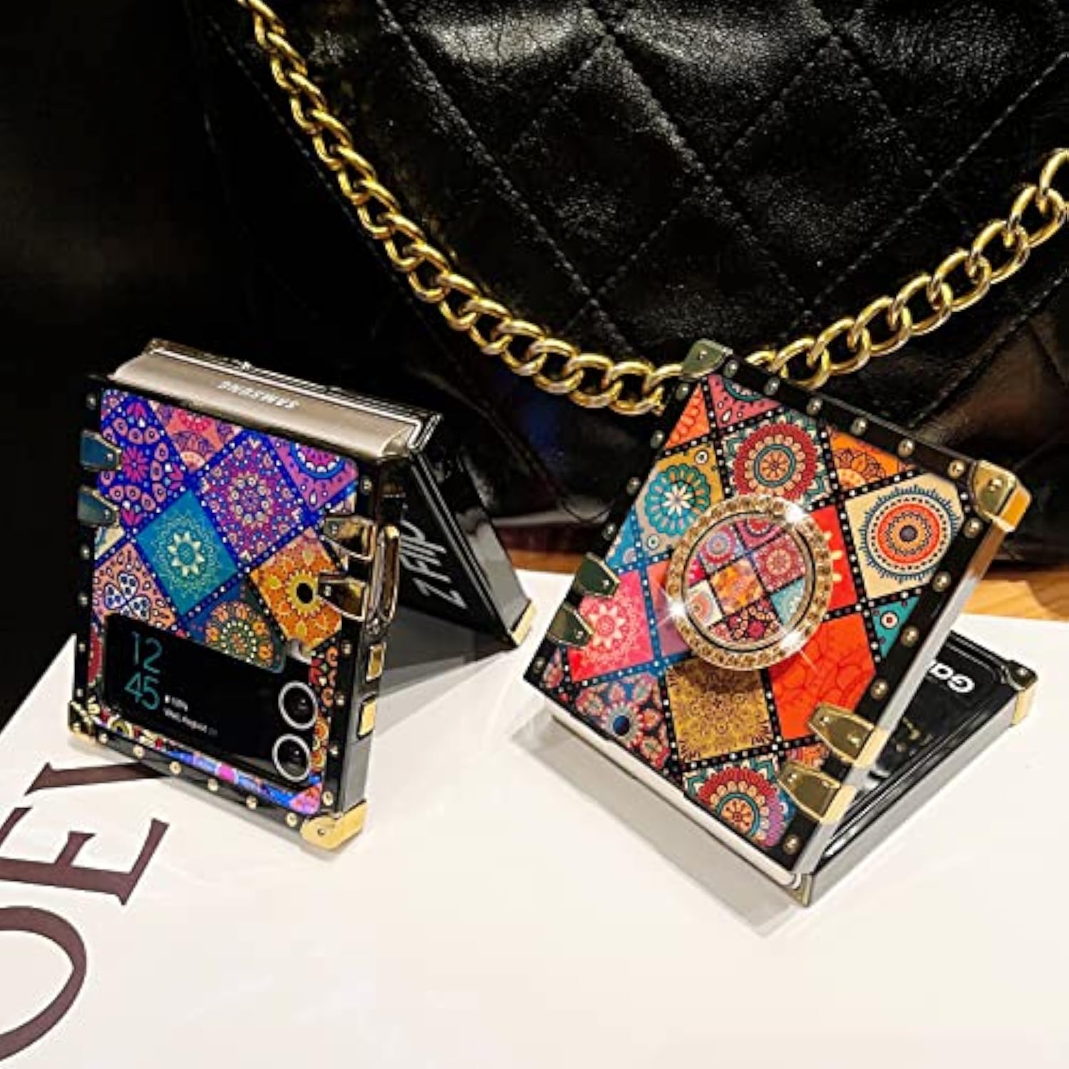 For Samsung Galaxy Z Flip 3 Case With Ring Stand Strap Lanyard Girls Women Cute Retro Flower Pattern Metal Reinforced Corners Shockproof Protective Cover - Mandala