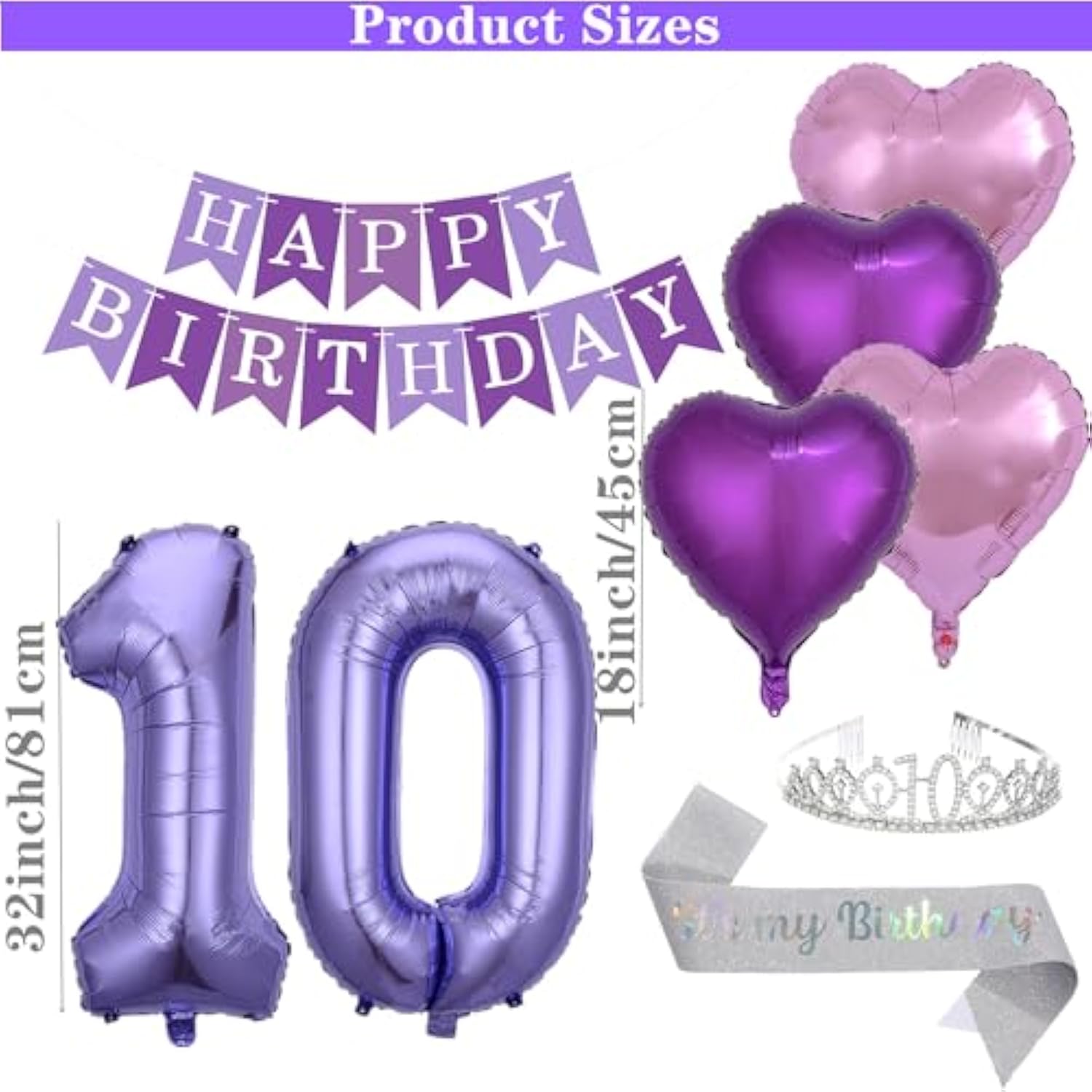 42 Pieces 10Th Birthday Decorations Double Digits Party Balloons Purple Happy Birthday Banner Silver Sash 10Th Tiara Number 10 Foil Balloons Latex Balloons For 10 Year Old Girls Party (Purple)