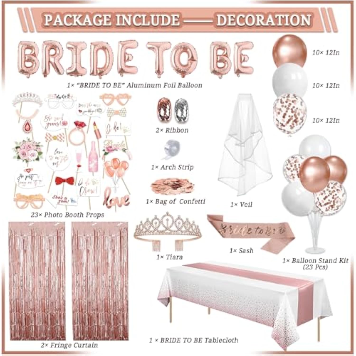 Rose Gold Bridal Shower Decoration Kit: Bachelorette Party Supplies for 25 Guests