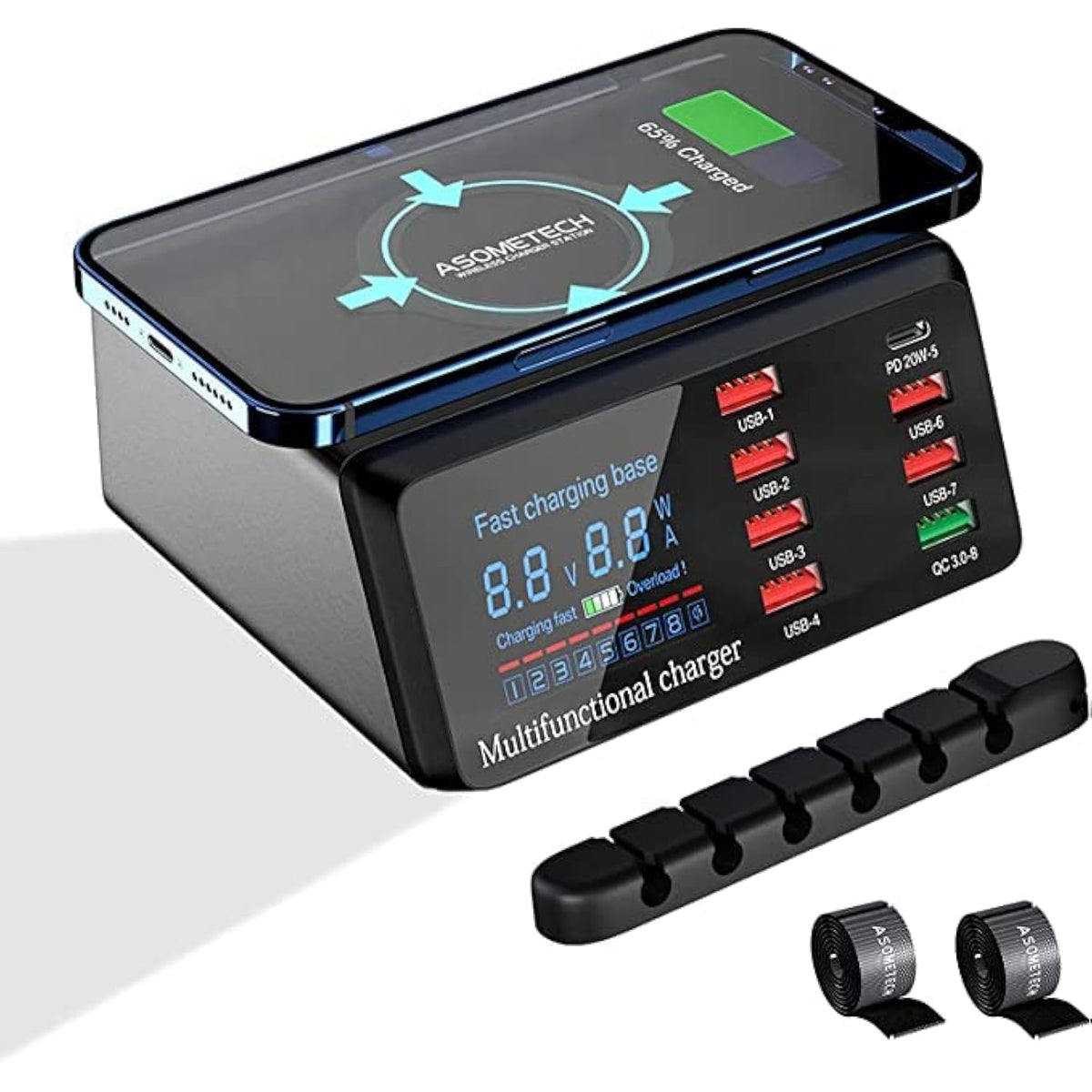 Usb Charger Hub 100W 8-Port Desktop Multiple Usb Charging Station With Pd Port, Quick Charge 3.0 Usb Port, Wireless Charger, Lcd Display Fast Usb C Charger For Iphone 12, Tablet And More