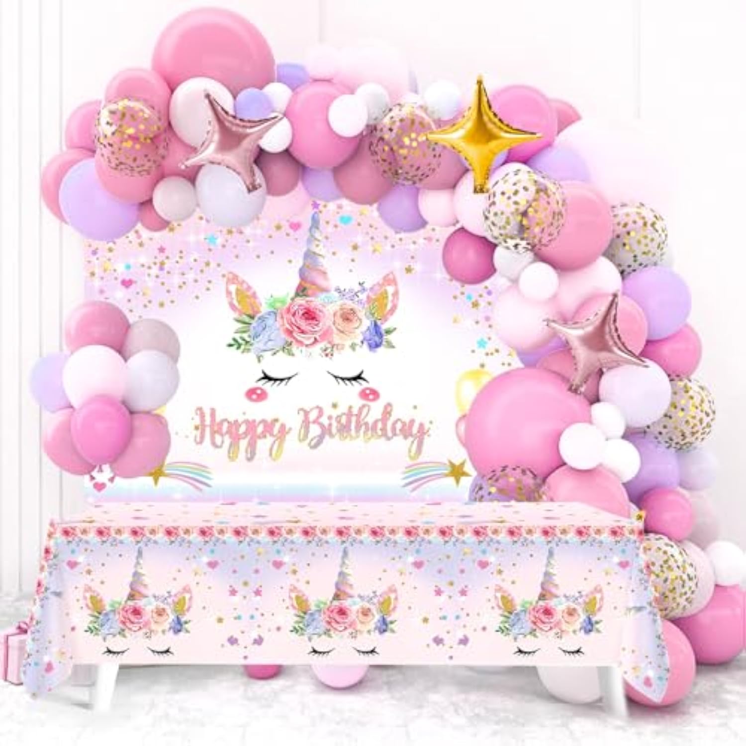 118Pcs Pink Unicorn Party Kit with Balloons, Backdrop & Tablecloth for Girls' Birthdays