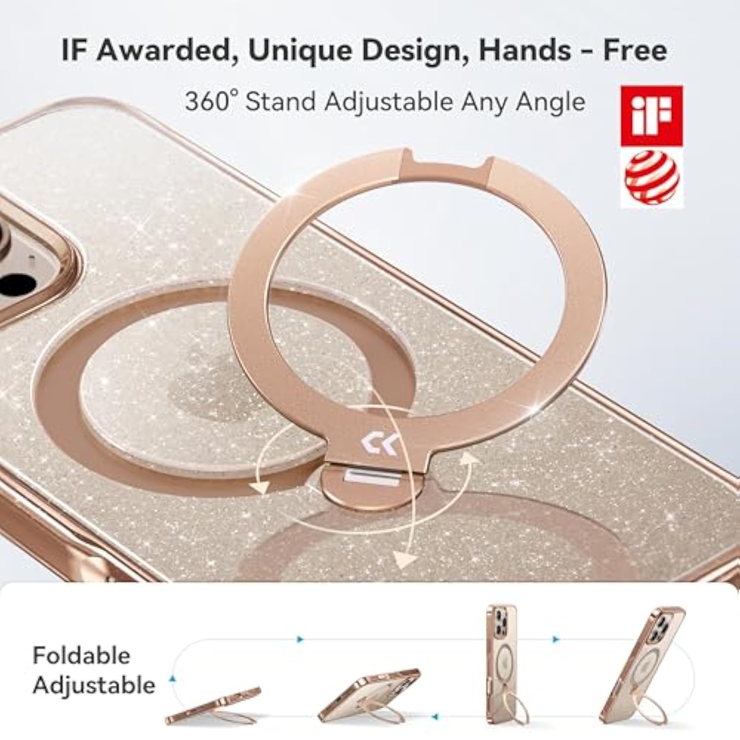 Glitter 360° Spin Built-In Magnetic Stand For Iphone 16 Pro Max Case, Fit For Magsafe, 16Ft Drop Protection, Chic Design For Iphone 16 Promax Case With Stand, Sparkle Rose Gold
