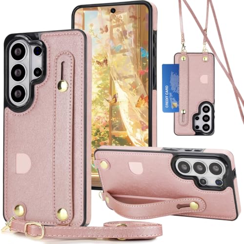 for Apple iPhone 17e Crossbody Case with Card Holder & Wrist Strap, PU Leather Shockproof Cover with Adjustable Shoulder Lanyard & Wristband