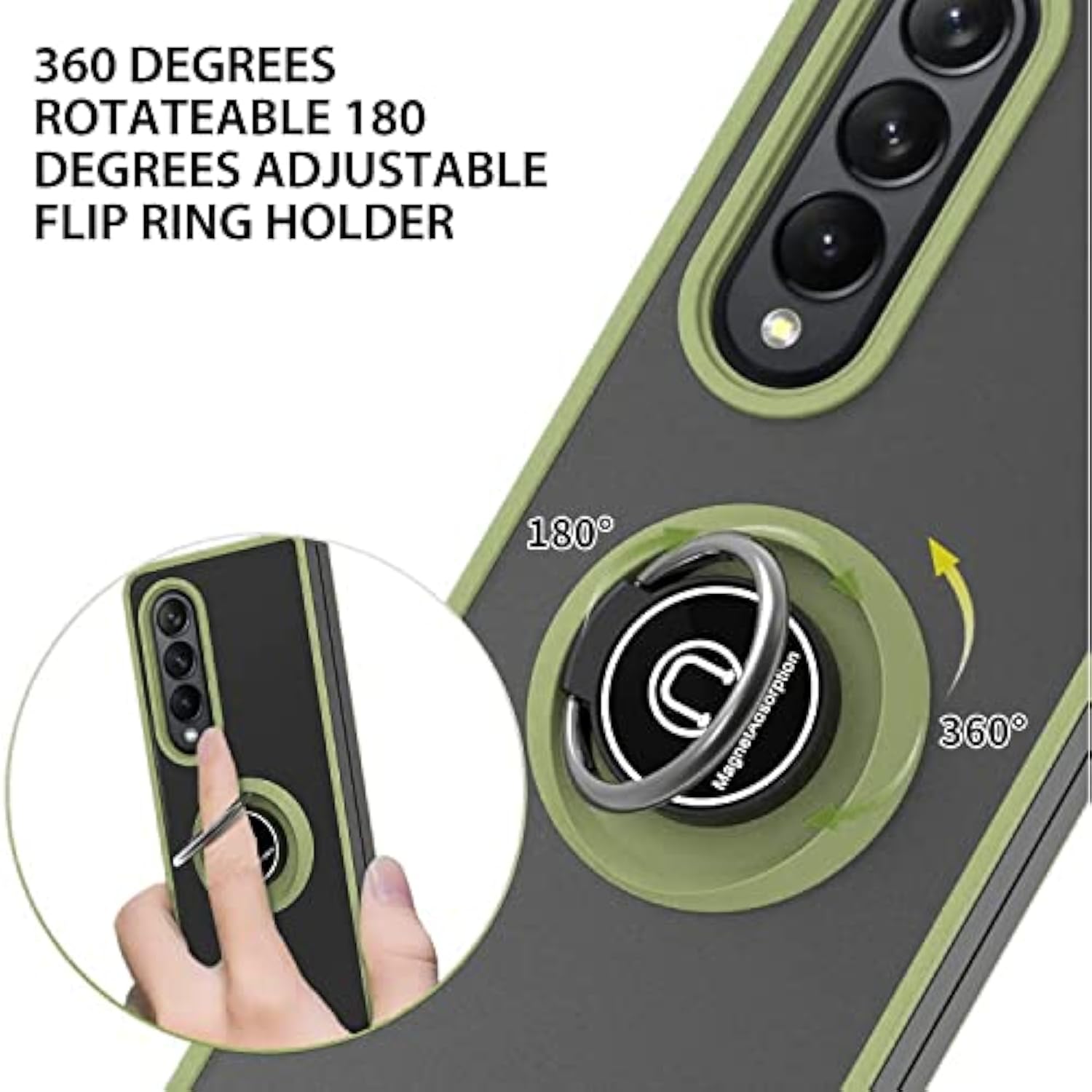 Compatible With Samsung Galaxy Z Fold 3 5G Case, Impact Resistant Bumper 360 Degree Rotating Metal Ring Holder Drop Protective Cover Phone Case (Green)