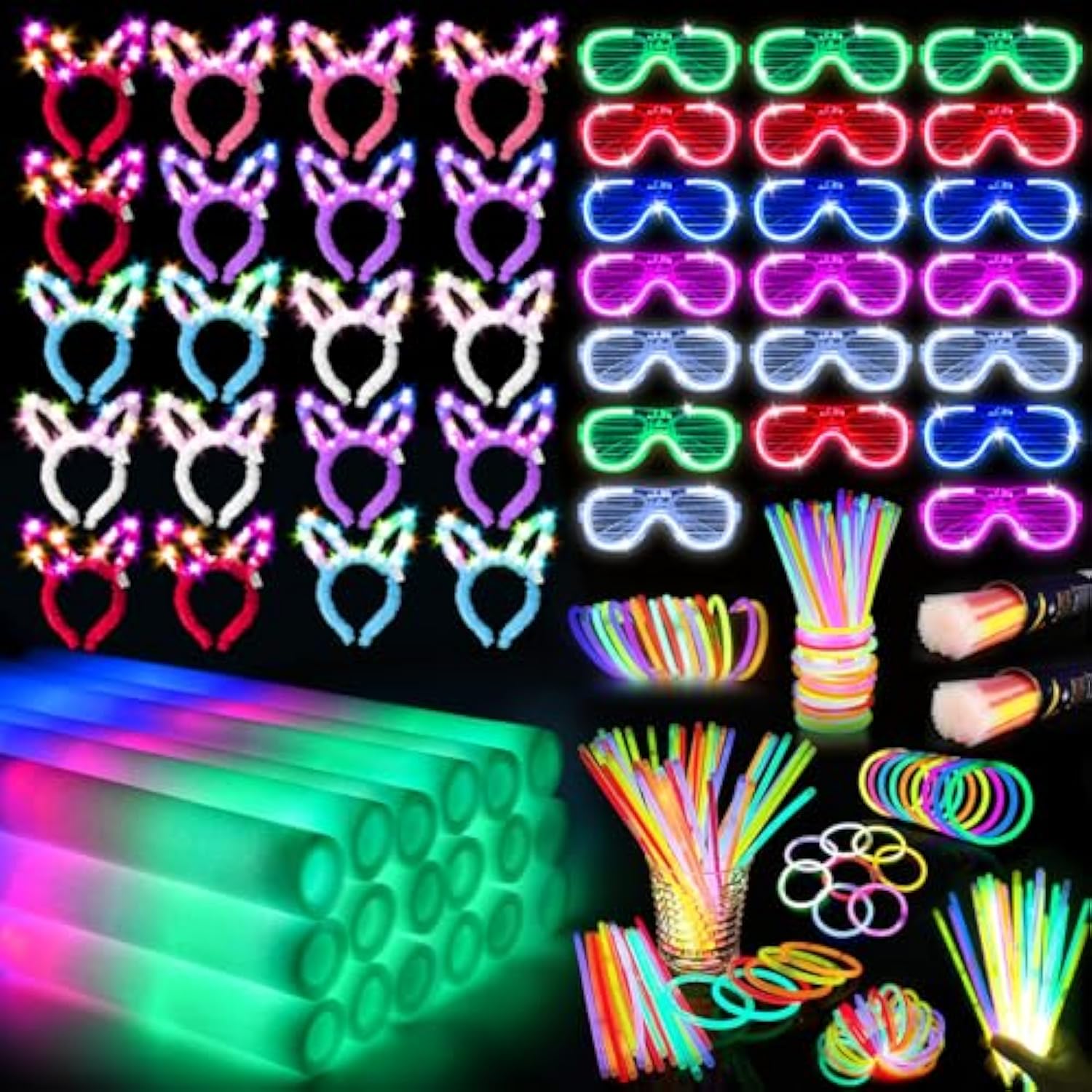 260 Pcs Glow In The Dark Party Supplies, New Year Party Favors - 20 Foam Glow Sticks, Led Glasses, Bunny Ear Headbands And 200 Glow Sticks For Kids Or Adults
