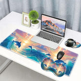 3 Piece Mouse Pad Set With Stitched Edge - Large Anti-Slip Desk Pad, Keyboard Pad, Wrist Rest, And Coaster - Memory Foam For Office/Home - Moonlight Dolphin