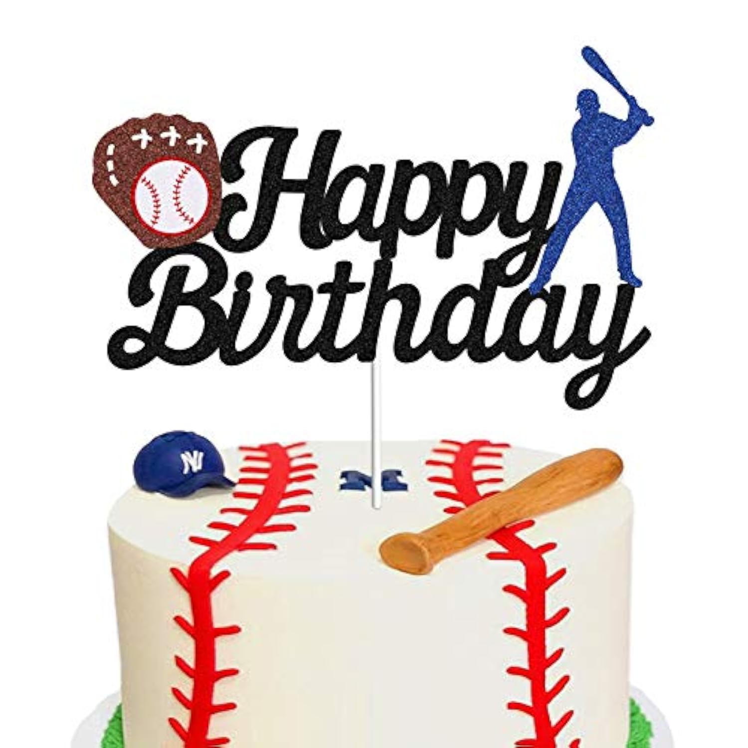 Baseball Theme Happy Birthday Cake Topper Black Glitter Sports Party Decor