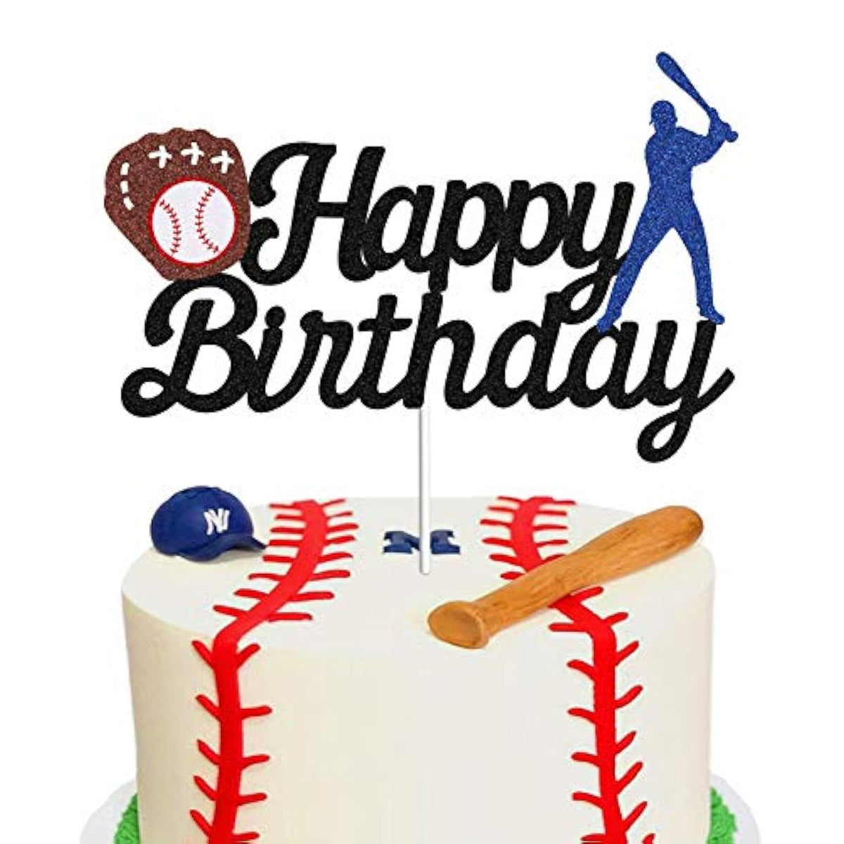 Baseball Theme Happy Birthday Cake Topper Black Glitter Sports Party Decor