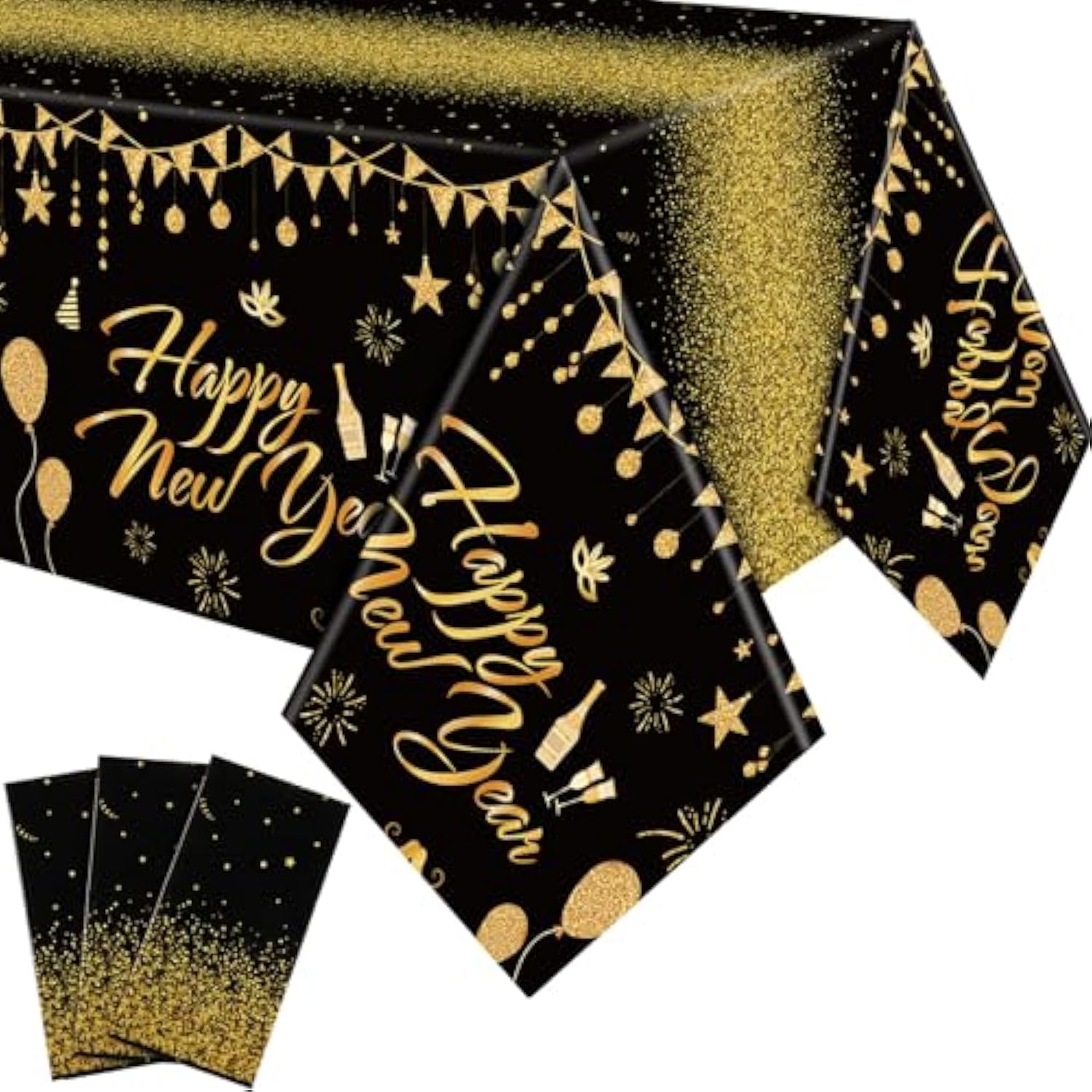 3 Pcs Happy New Year 2026 Tablecloths 54x108in Black Gold Disposable