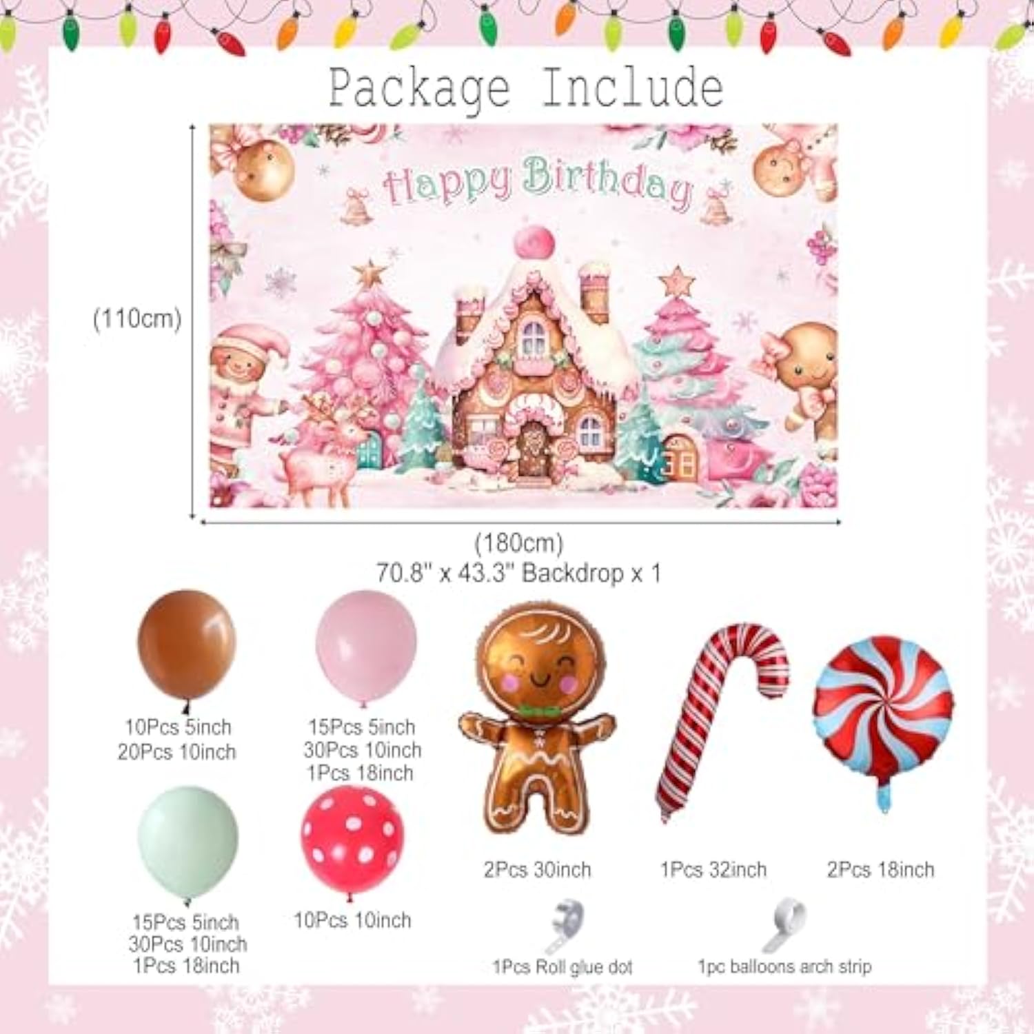 Christmas Gingerbread House Happy Birthday Party Decorations 140Pcs Gingerbread Balloon Arch Garland Kit Winter Merry Xmas Pink Bday Snowflake Candyland Banner Backdrop