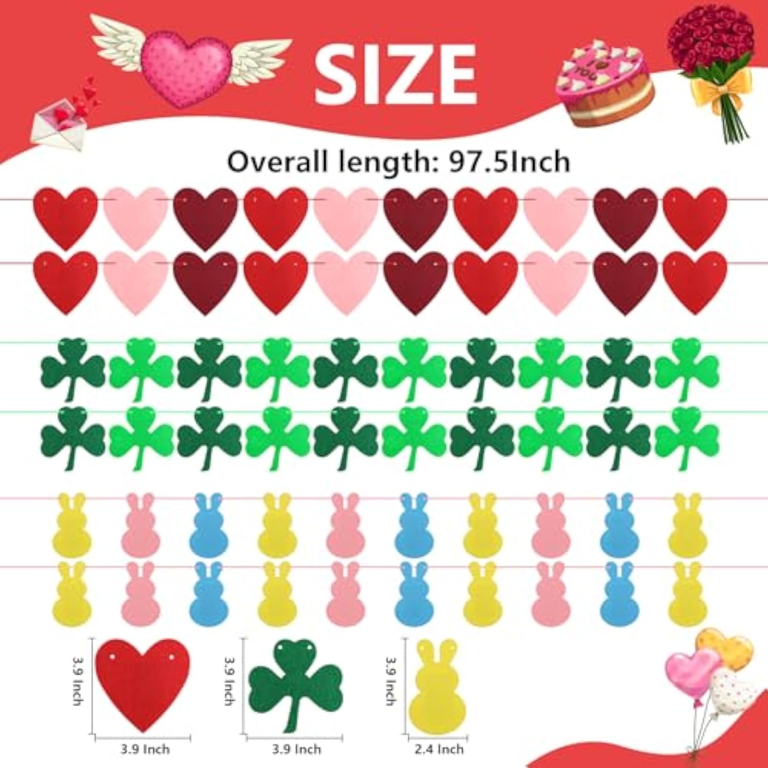 Valentines Day Decorations Felt Garland 6Pcs Pre-Assembled Valentines Day Heart St Patricks Day Shamrock Easter Bunny Banner For Mantle, Fireplace, Wall, Party Supplies, Wedding, Anniversary