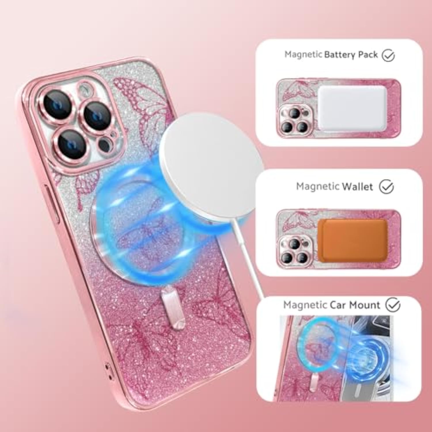 Case Fit For Iphone 16 Pro Max [Compatible With Magsafe] Glitter Bling Case With Camera Protector [2 Pieces Of Butterfly Design Insert] Soft Shockproof Anti-Scratch Cover For Women - Pink