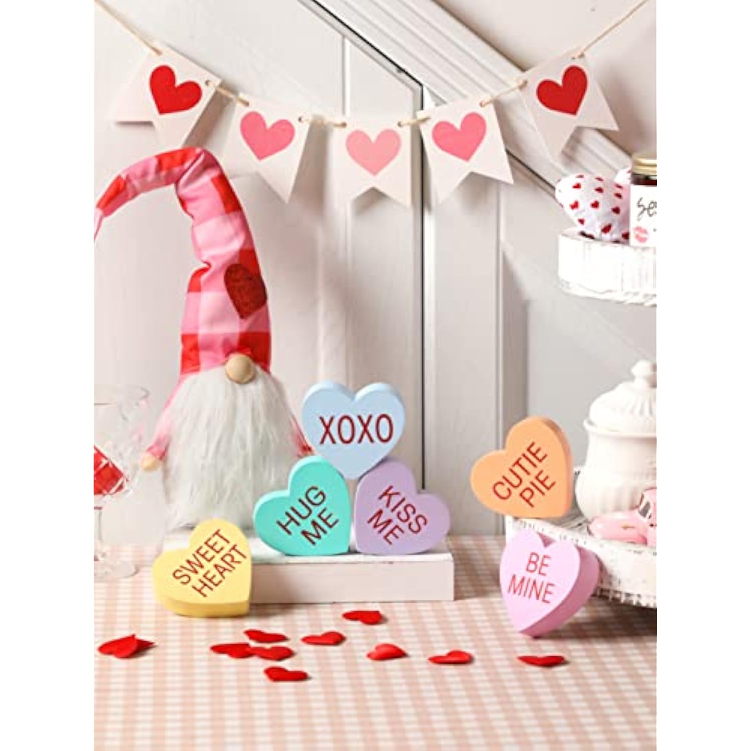 Valentine'S Day Decorations Heart Wooden Sign Heart Farmhouse Candy Hearts Shape Valentines Tiered Tray Decor Tabletop Table Blocks For Wedding Party Décor