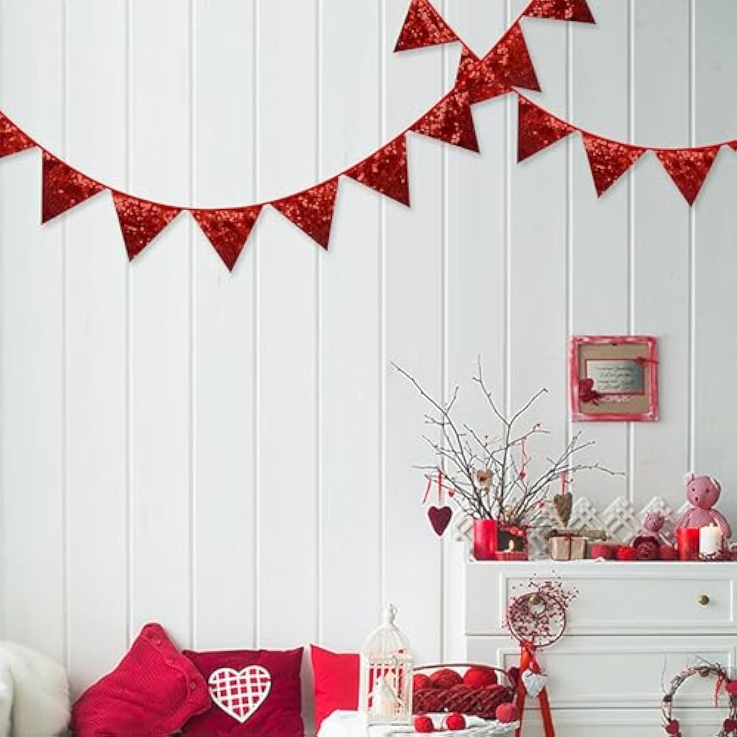 Red Decorations Double Sided Red Sequin Fabric Triangle Pennant Banner