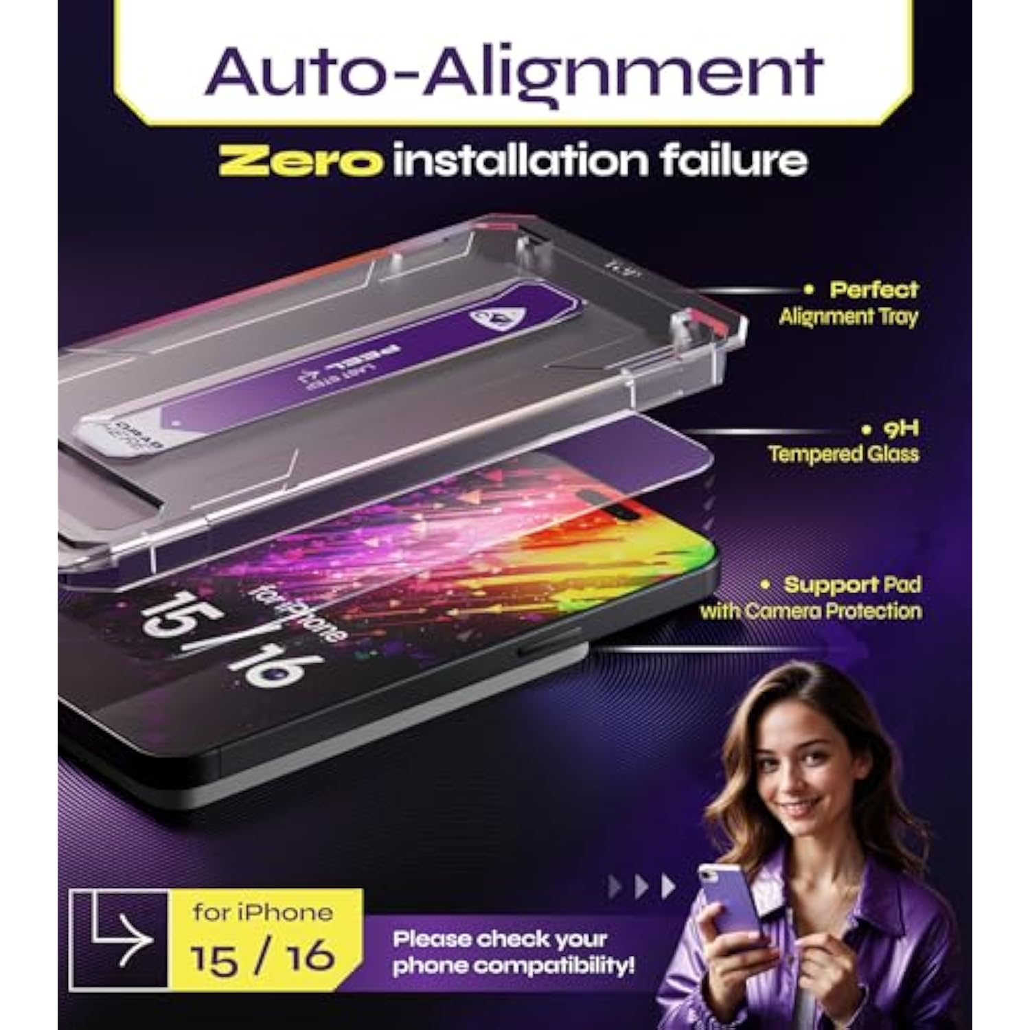 For Iphone 15 & 16 Screen Protector (2Pack), Easy Auto-Dust & Align Install Kit, 6.1" Tempered Glass, 9H Hardness, Ultra Hd Clear, Case Friendly, Wondershield