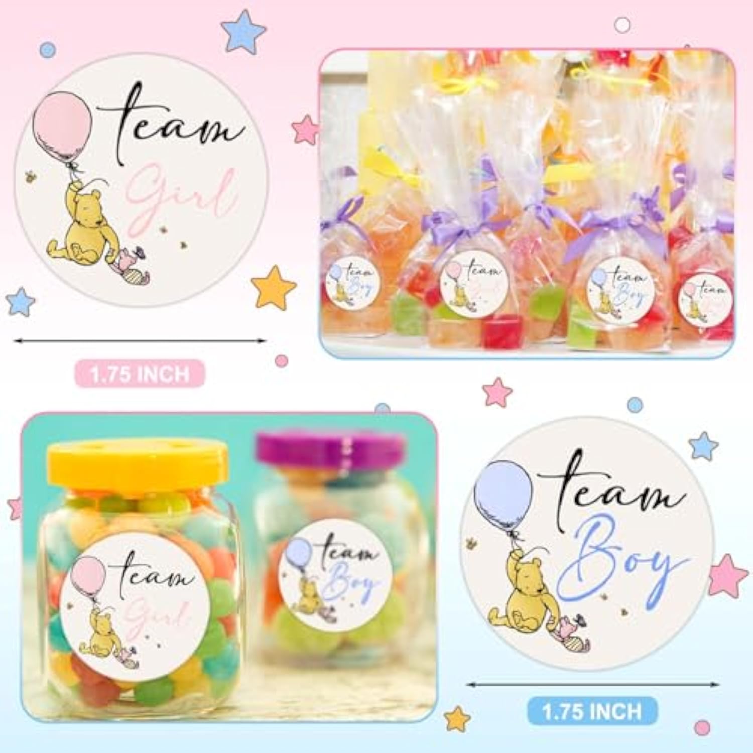 72Pcs Winnie Gender Reveal Stickers, Winnie Baby Shower Decoration, Gender Reveal Decor, The Pooh Sticker, Team Boy Or Girl Stickers, Games For Voting Game