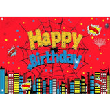 Red spider web 5x3ft backdrop for superhero or city-themed birthday and party photos