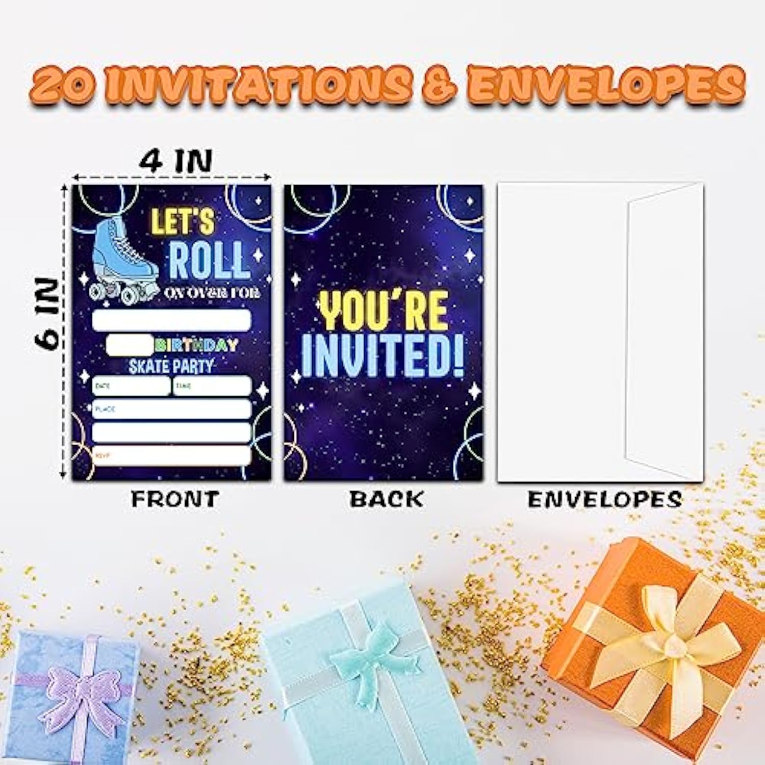 Roller Skate Birthday Invitations, Let'S Roll Neon Birthday Party Invitations For Boys Girls, Birthday Party Invitation Cards, Party Supplies And Decoration, 20 Cards & 20 Envelopes -D01