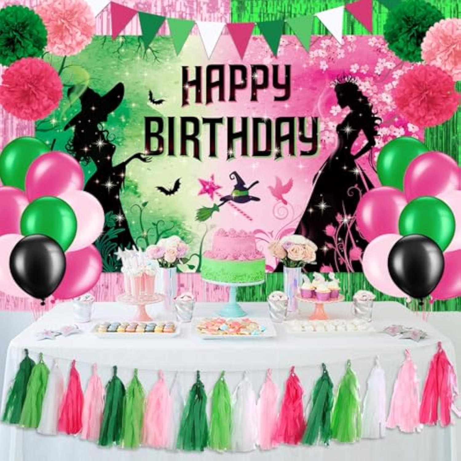 Pink And Green Birthday Party Decorations, Witch Themed Happy Birthday Backdrop Banner Balloons Paper Pom Poms Paper Tassel Foil Fringe Curtains For Girls Princess Birthday Party Supplies Decorations